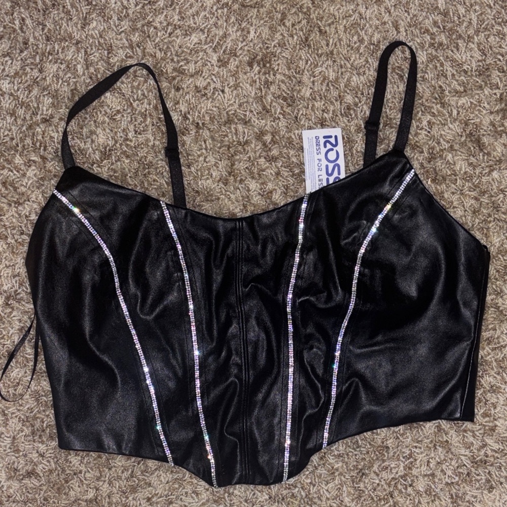 Black faux leather Crop Top with Rhinestone Accents